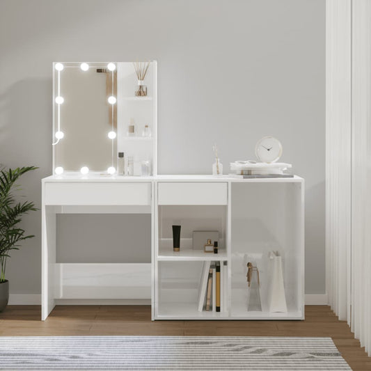 LED Dressing Table with Cabinet High Gloss White Engineered Wood