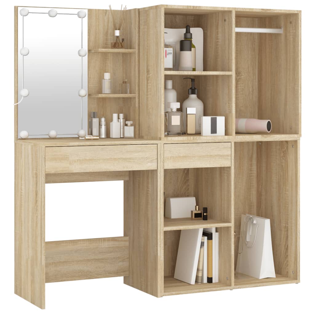LED Dressing Table with 2 Cabinets Sonoma Oak Engineered Wood