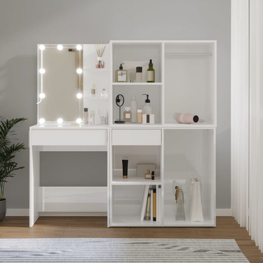 LED Dressing Table with 2 Cabinets High Gloss White Engineered Wood