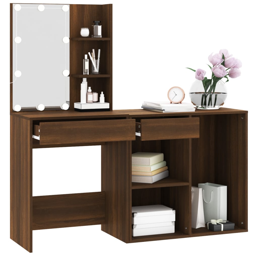 LED Dressing Table with Cabinet Brown Oak Engineered Wood