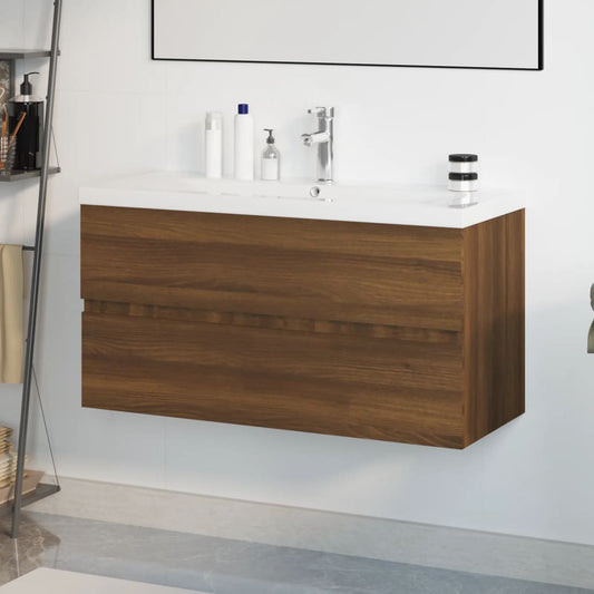 Sink Cabinet with Built-in Basin Brown Oak Engineered Wood