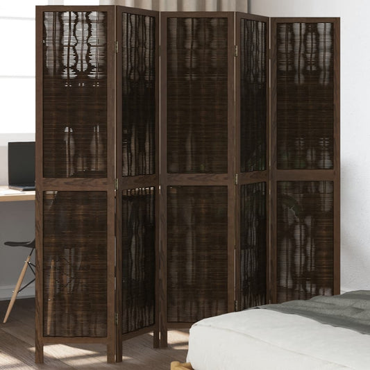Room Divider 5 Panels Dark Brown Solid Wood Paulownia
