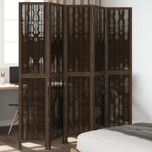 Room Divider 5 Panels Dark Brown Solid Wood Paulownia