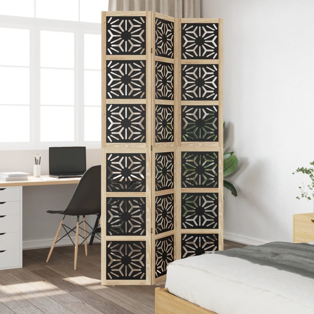 Room Divider 3 Panels Brown and Black Solid Wood Paulownia