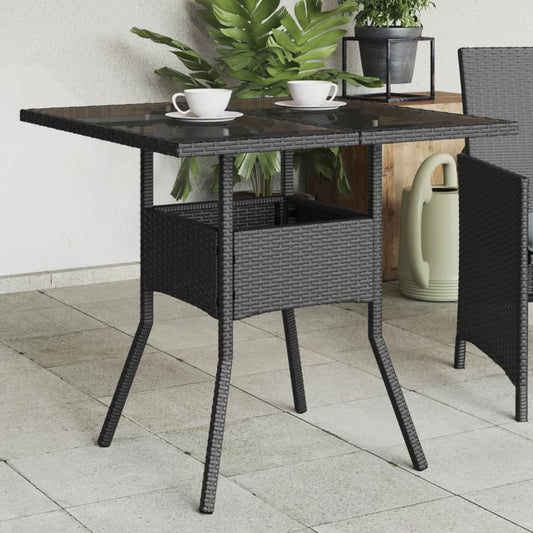 Garden Table with Glass Top Black 80x80x75 cm Poly Rattan