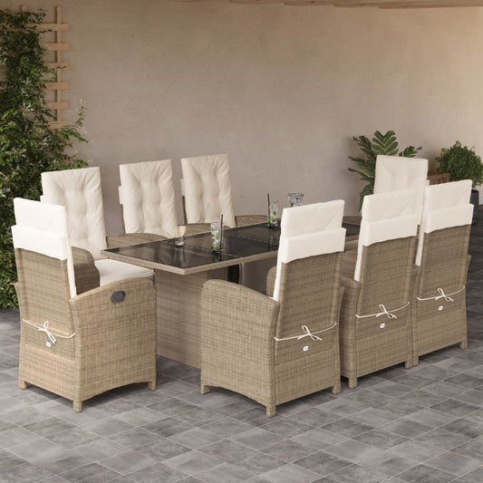 9 Piece Garden Dining Set with Cushions Beige Poly Rattan