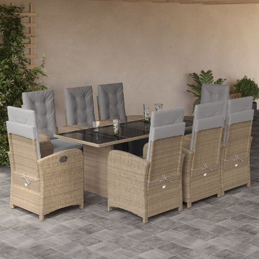 9 Piece Garden Dining Set with Cushions Beige Poly Rattan