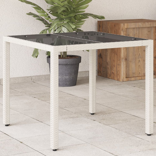 Garden Table with Glass Top White 90x90x75 cm Poly Rattan