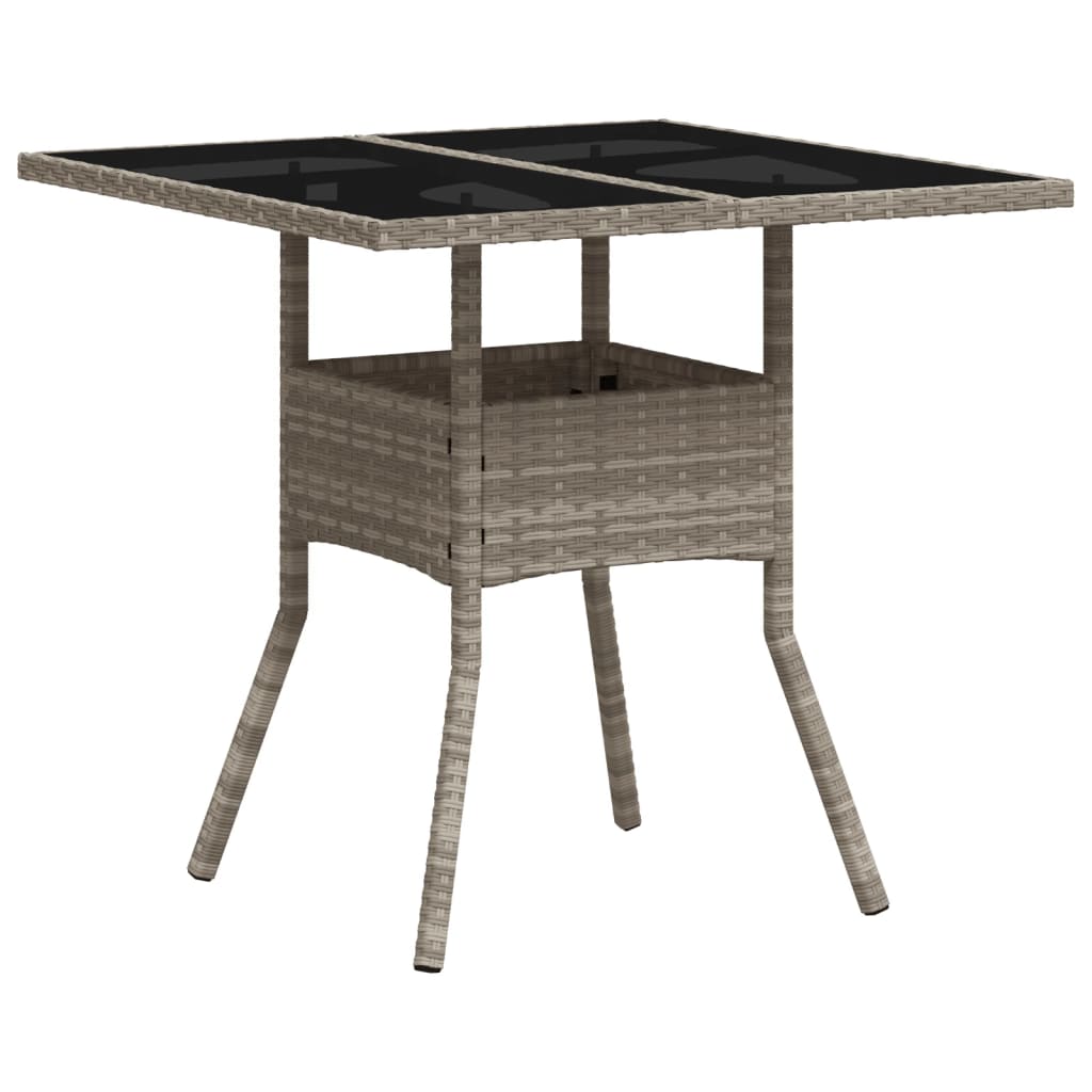 Garden Table with Glass Top Light Grey 80x80x75 cm Poly Rattan