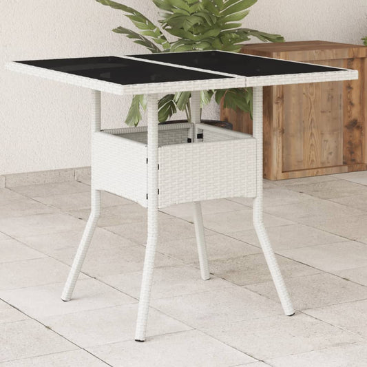 Garden Table with Glass Top White 80x80x75 cm Poly Rattan