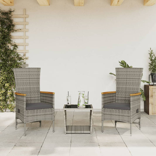 3 Piece Garden Dining Set with Cushions Grey Poly Rattan