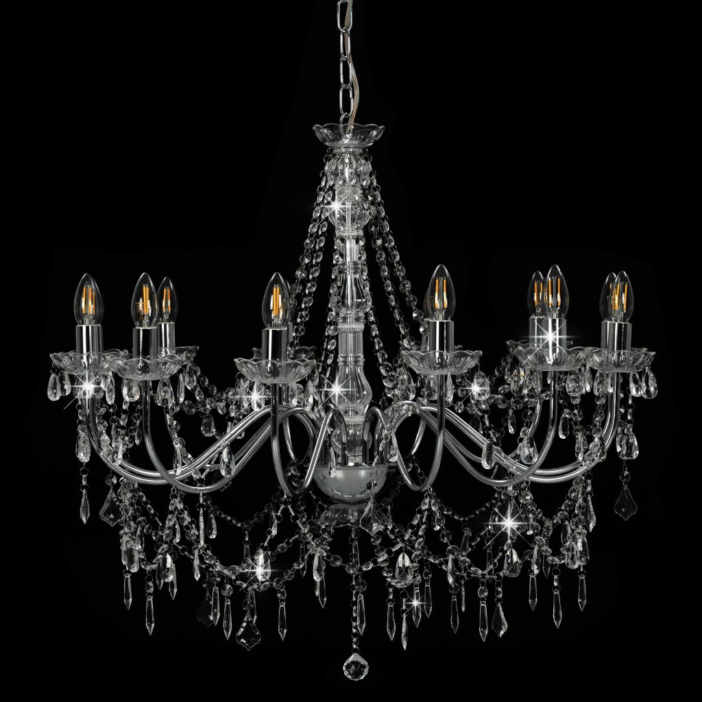 Chandelier with Beads Silver 12 x E14 Bulbs