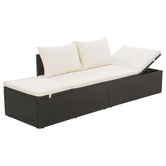 Outdoor Lounge Bed with Cushion & Pillows Poly Rattan Black