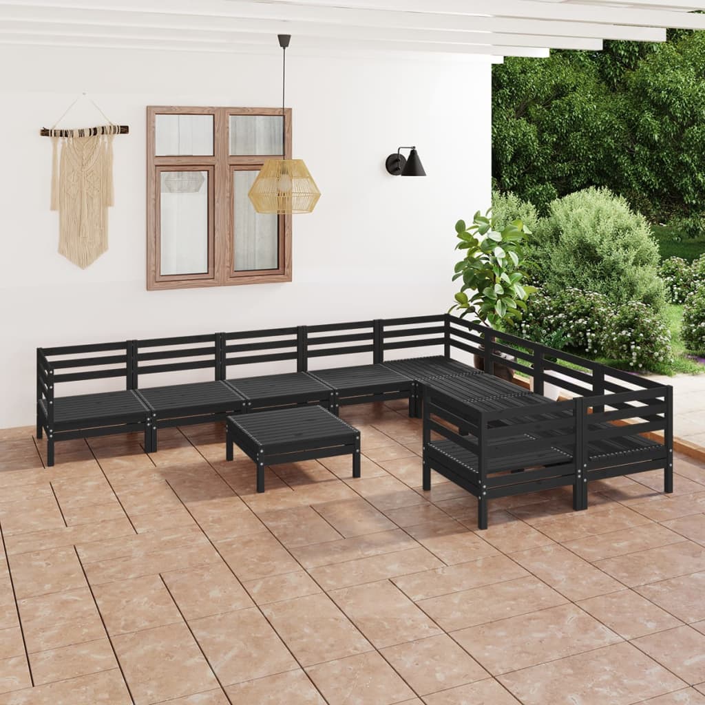 10 Piece Garden Lounge Set Black Solid Wood Pine