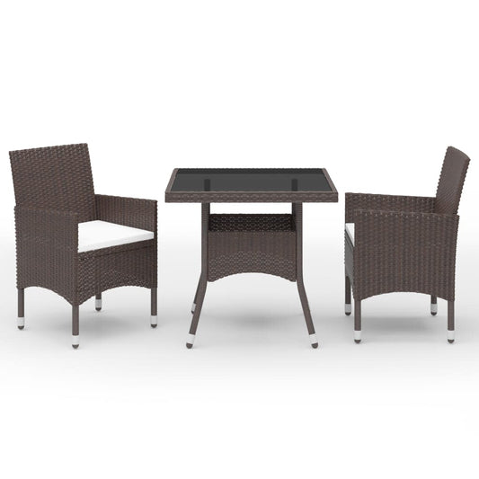 3 Piece Garden Dining Set Poly Rattan and Tempered Glass Brown