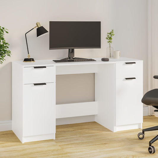 Desk with Side Cabinet White Engineered Wood