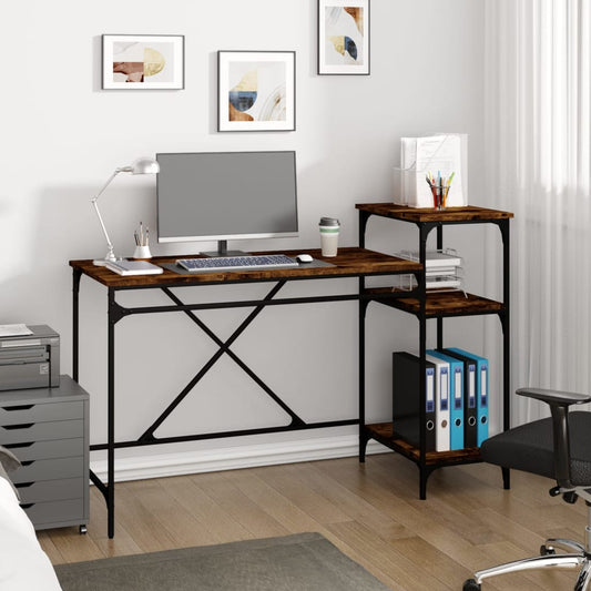 Desk with Shelves Smoked Oak 135x50x90 cm Engineered Wood&Iron