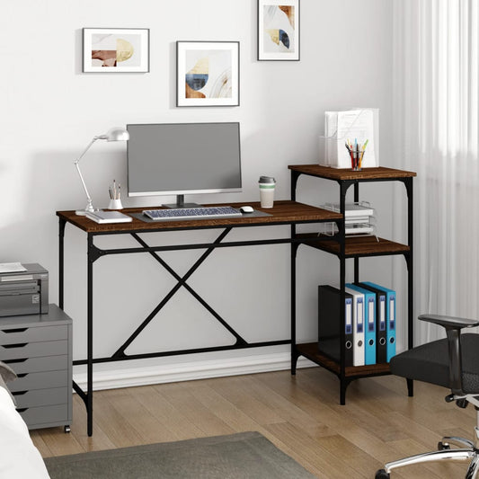Desk with Shelves Brown Oak 135x50x90 cm Engineered Wood&Iron