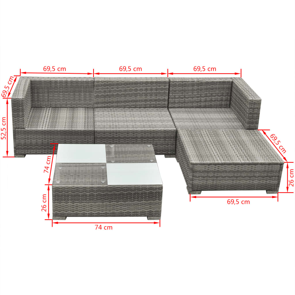 5 Piece Garden Lounge Set with Cushions Poly Rattan Grey