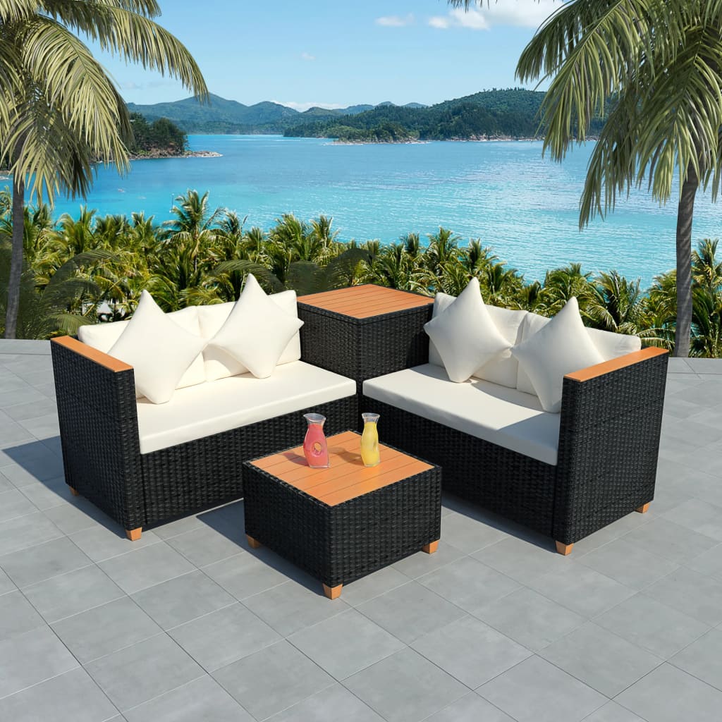 4 Piece Garden Lounge Set with Cushions Poly Rattan Black