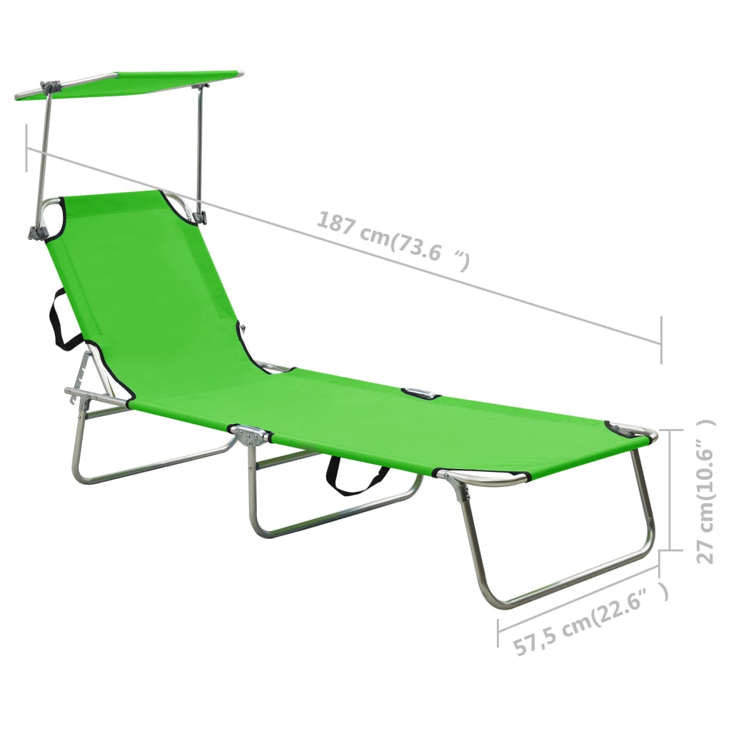 Folding Sun Lounger with Canopy Green Aluminium