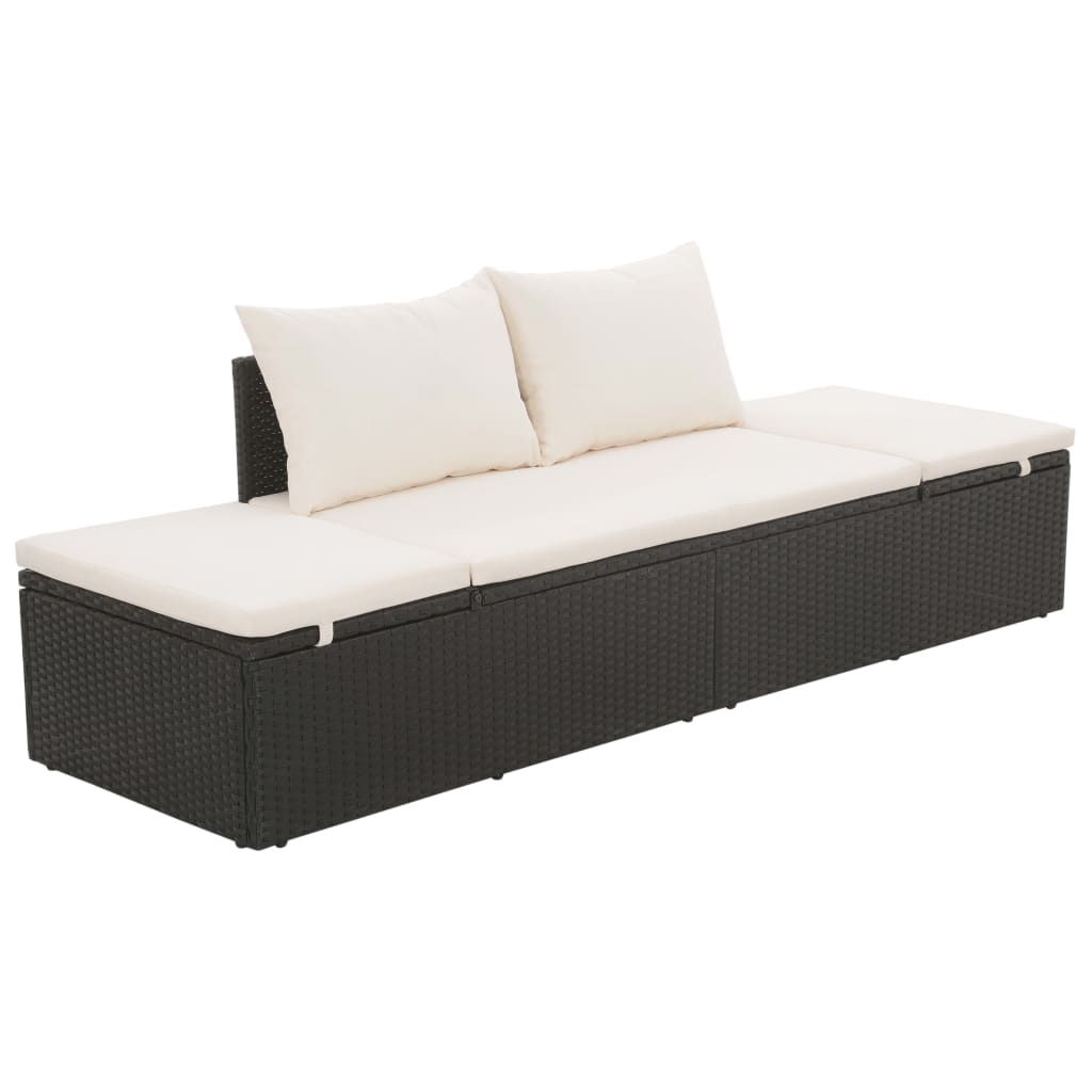 Outdoor Lounge Bed with Cushion & Pillows Poly Rattan Black