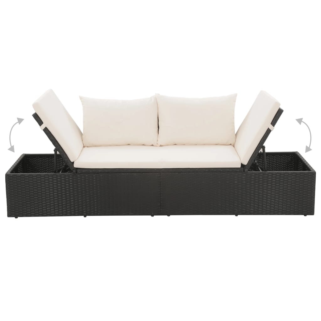 Outdoor Lounge Bed with Cushion & Pillows Poly Rattan Black