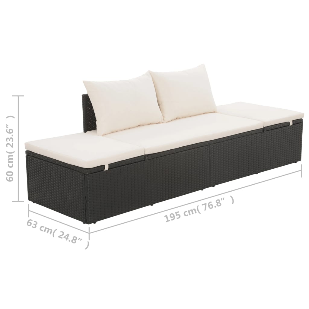 Outdoor Lounge Bed with Cushion & Pillows Poly Rattan Black