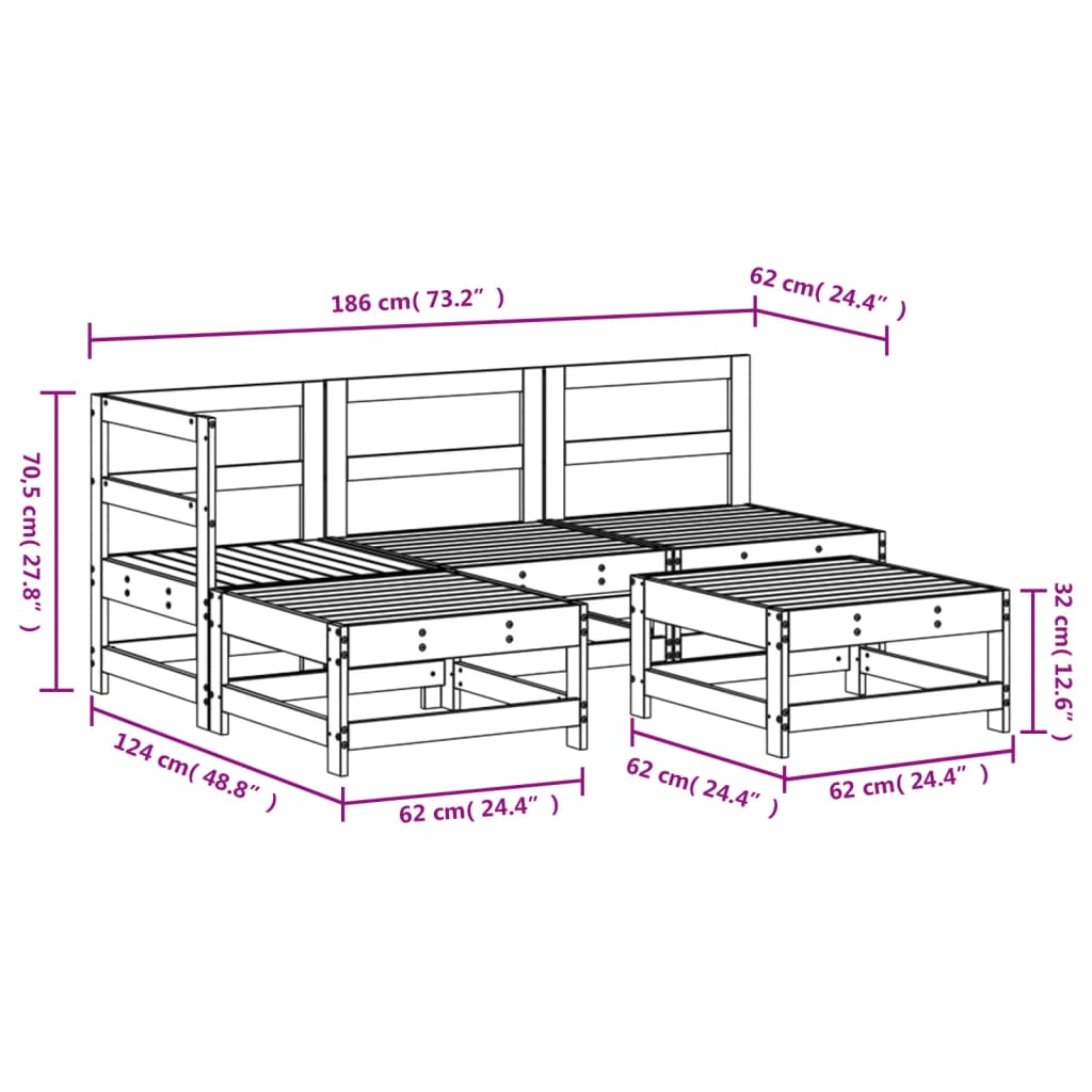 5 Piece Garden Lounge Set White Solid Wood Pine