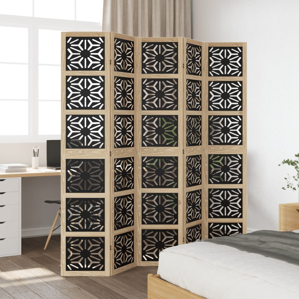 Room Divider 5 Panels Brown and Black Solid Wood Paulownia
