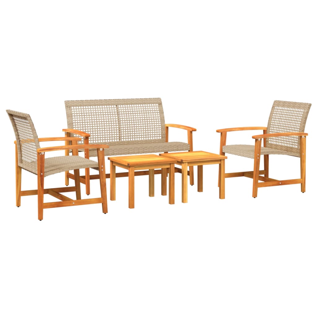 5 Piece Garden Lounge Set Beige Poly Rattan and Acacia Wood