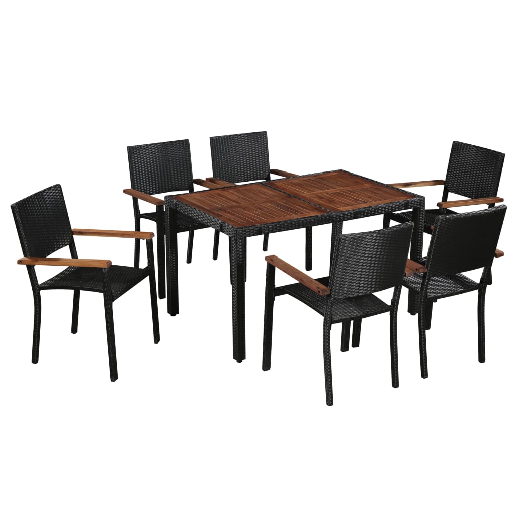 7 Piece Outdoor Dining Set Poly Rattan and Acacia Wood Black