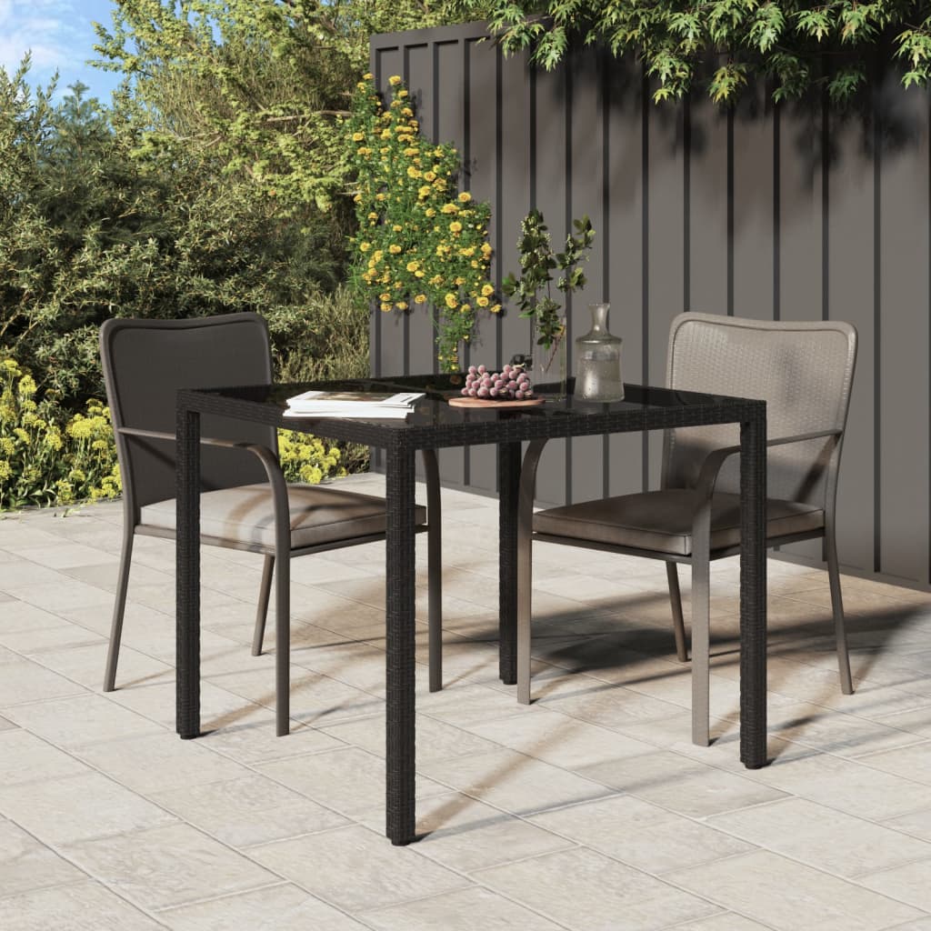 Garden Table 90x90x75 cm Tempered Glass and Poly Rattan Black