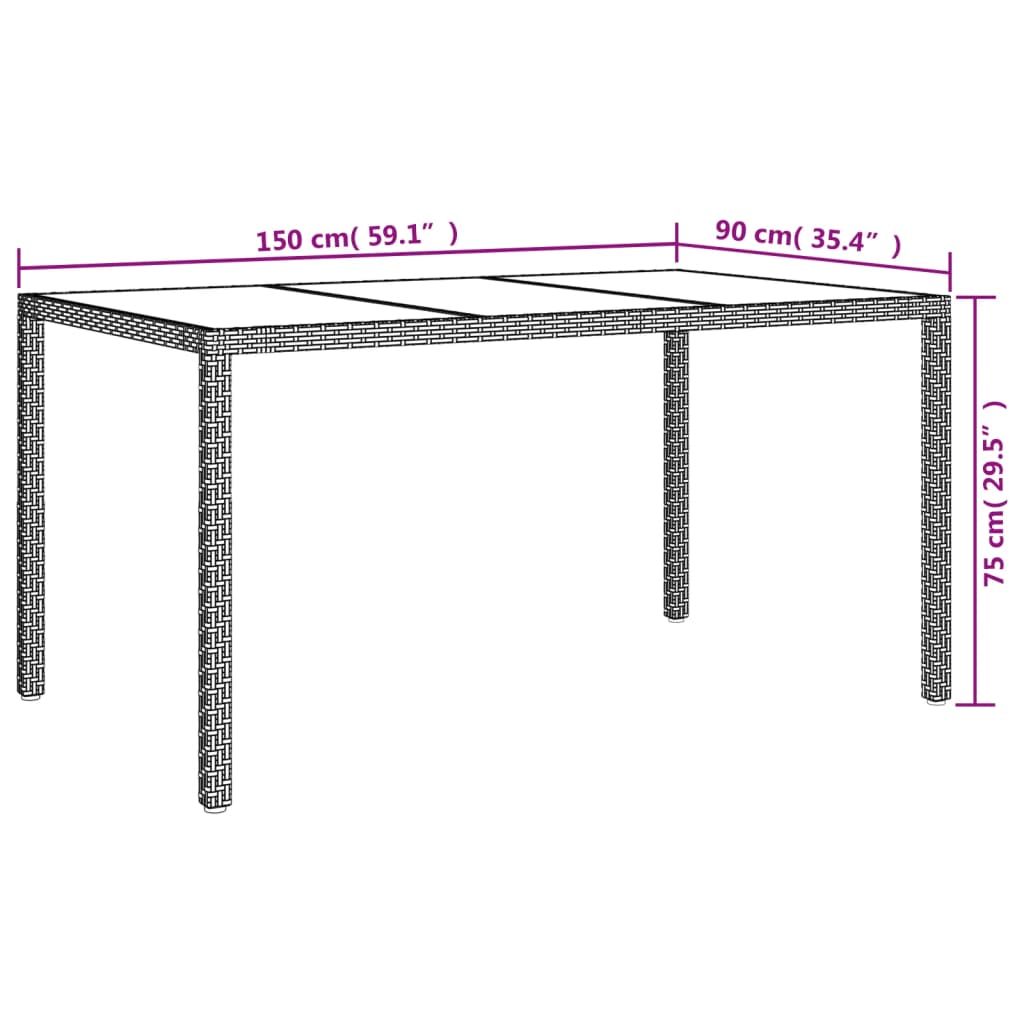 Garden Table 150x90x75 cm Tempered Glass and Poly Rattan Brown