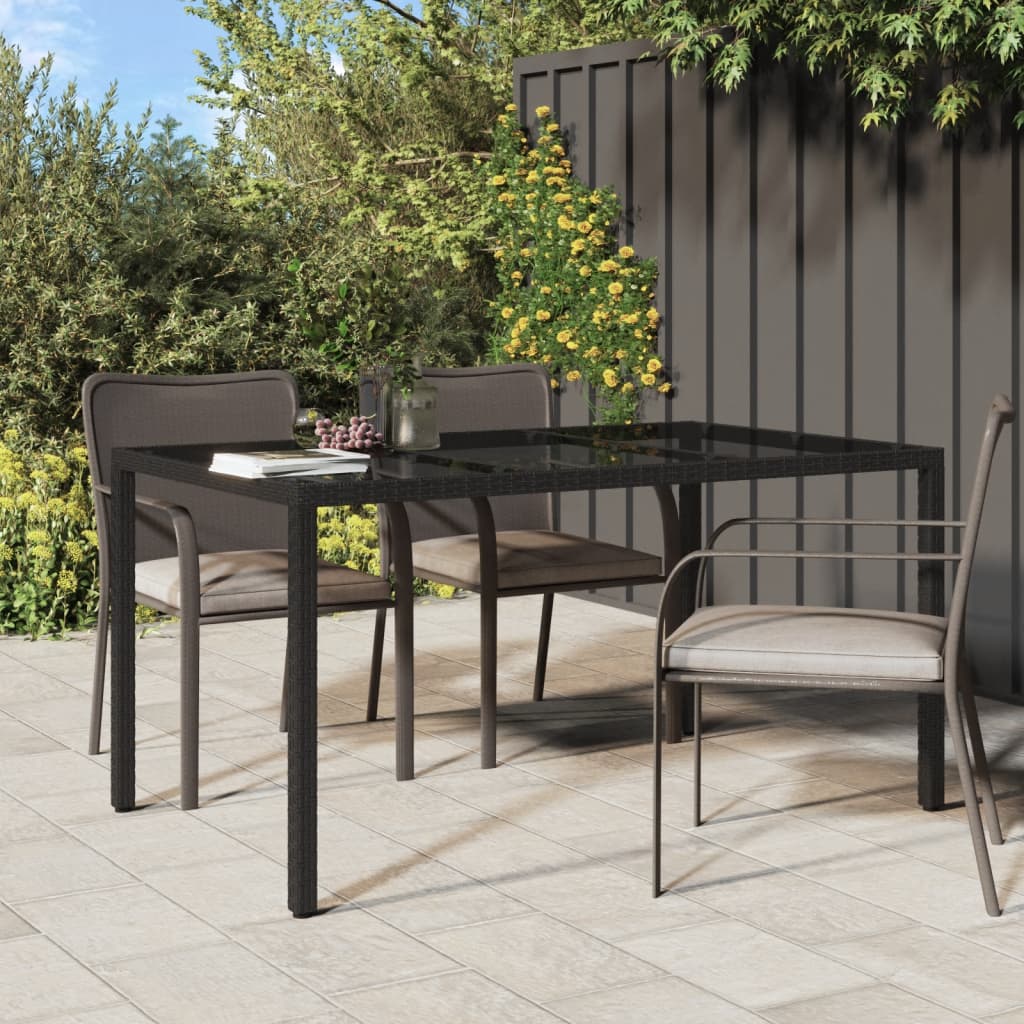 Garden Table 150x90x75 cm Tempered Glass and Poly Rattan Black