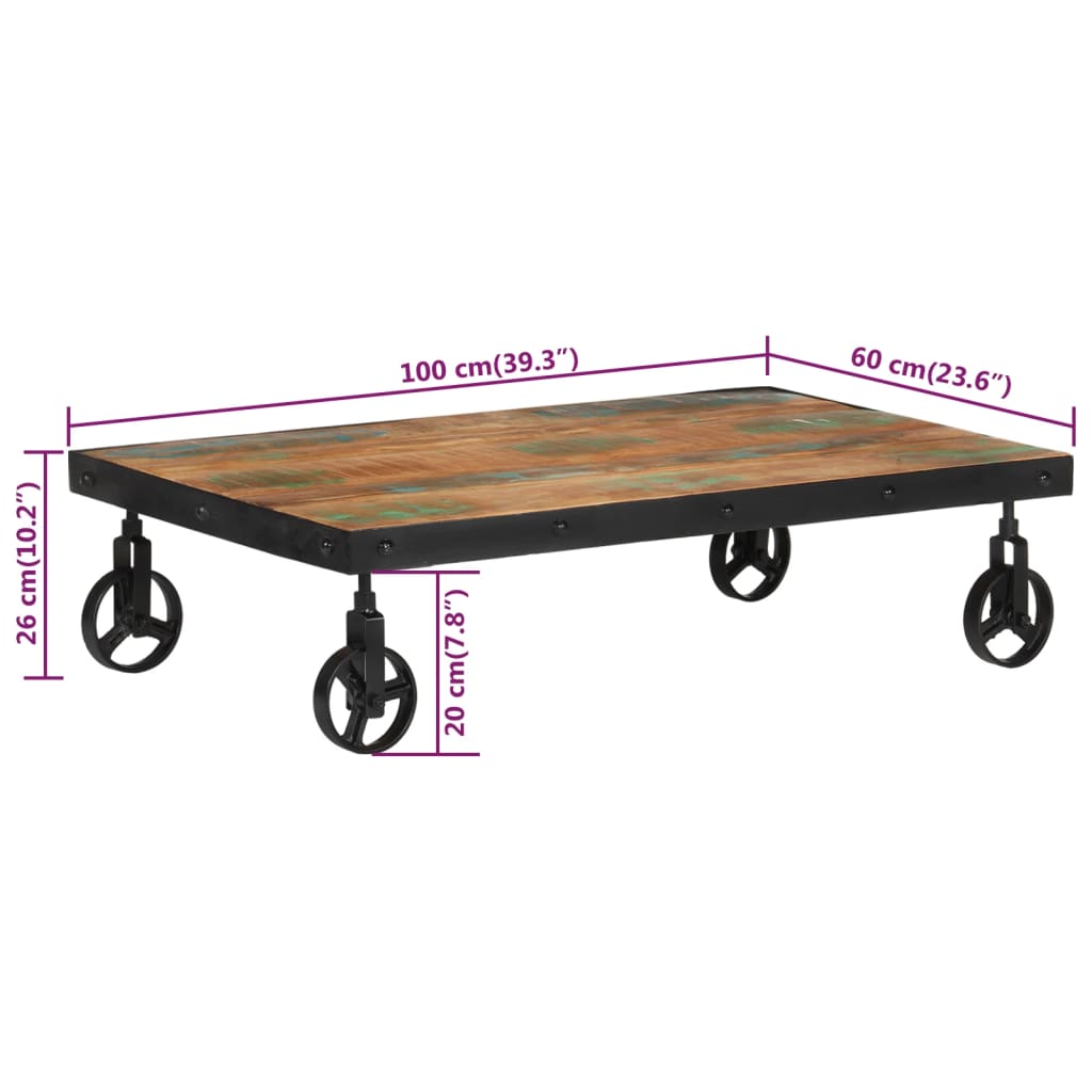 Coffee Table with Wheels 100x60x26 cm Solid Wood Reclaimed