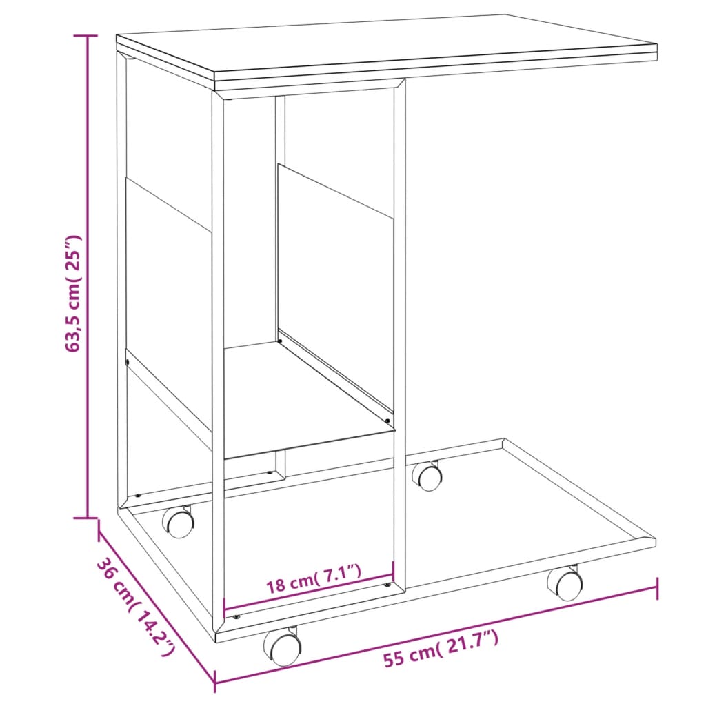 Side Table with Wheels Black 55x36x63.5 cm Engineered Wood