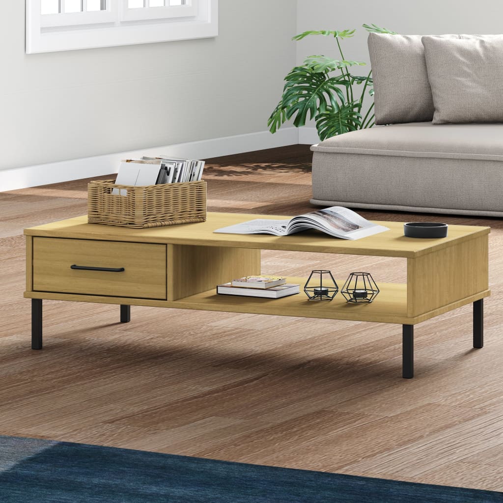 Coffee Table with Metal Legs Brown Solid Wood Pine OSLO