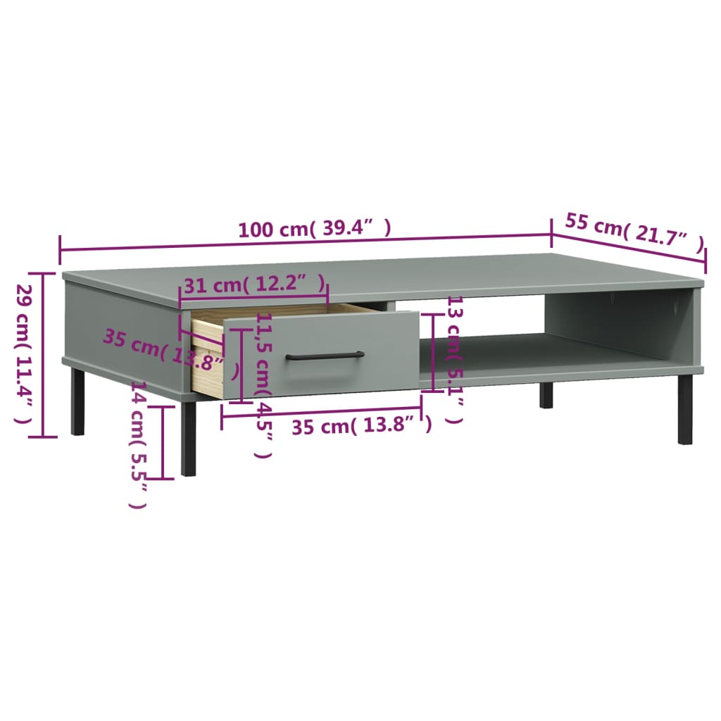 Coffee Table with Metal Legs Grey Solid Wood Pine OSLO