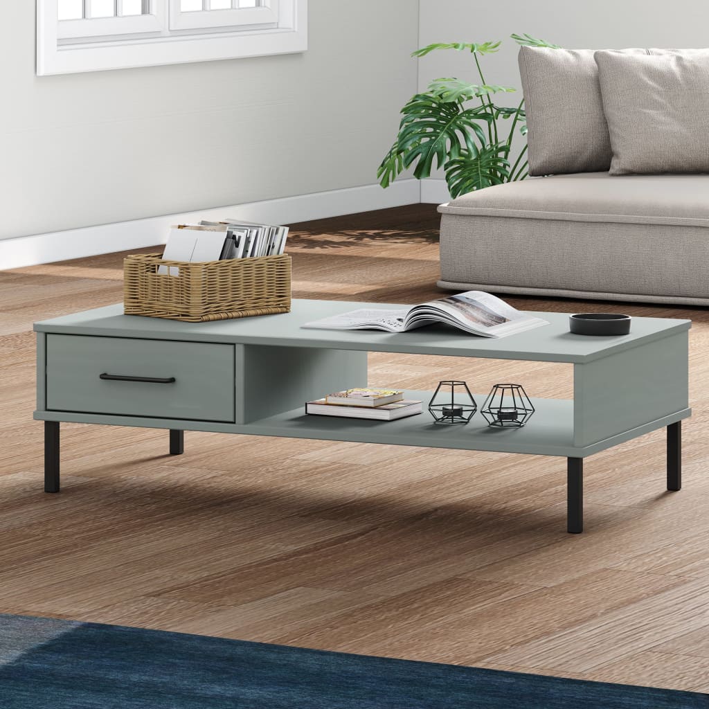 Coffee Table with Metal Legs Grey Solid Wood Pine OSLO