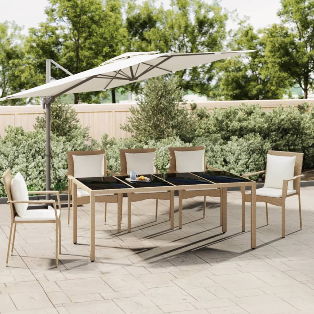 Garden Table with Glass Top Beige Poly Rattan&Tempered Glass